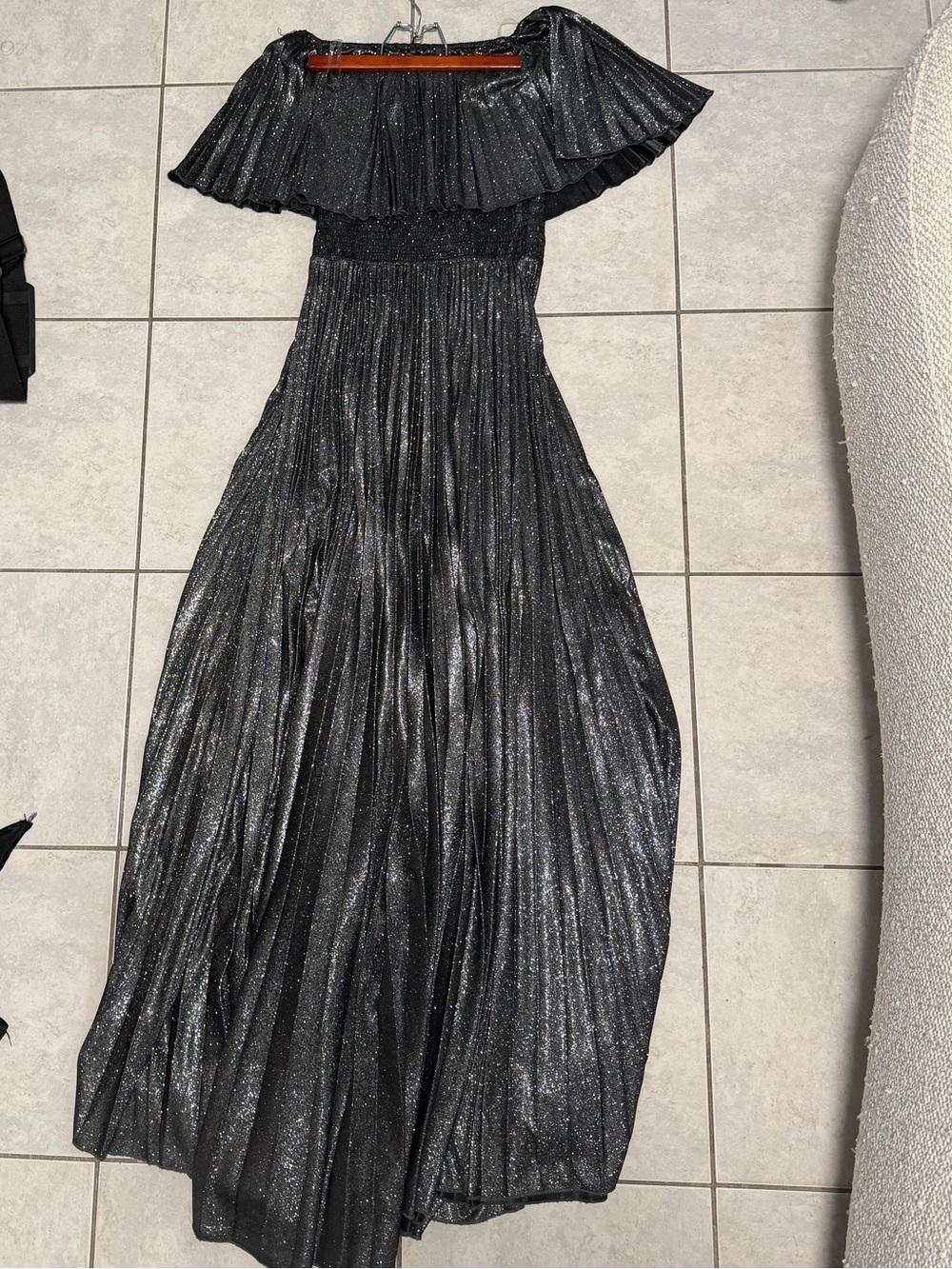 Va Va Voom Metallic Black Off-Shoulder Pleated Maxi Gown